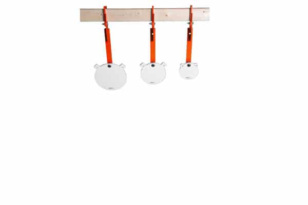 Three AR500 steel round gong targets hang from hook straps secured to a 2x4 board